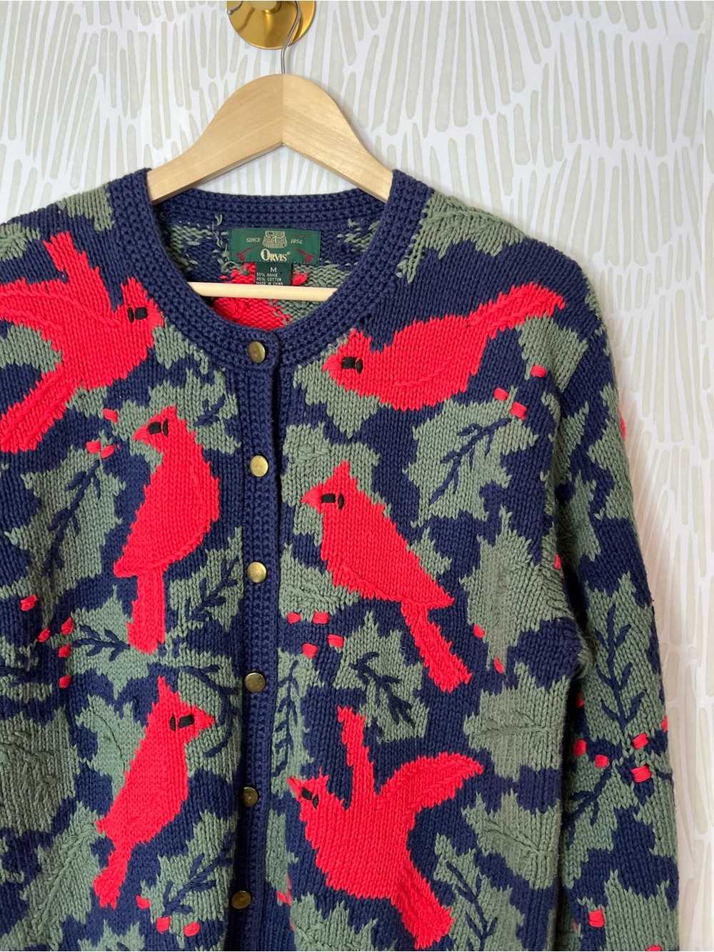 Orvis Cardinal Bird Knit Cardigan Sweater Navy Holly Button Front cotton blend - Picture 3 of 14